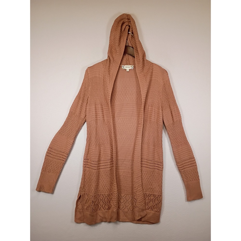 Boho Pink Rose Women Size S Mauve Pointelle Hooded Open Front Cardigan PF0S40578